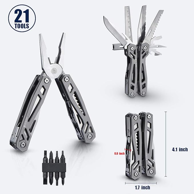 BIBURY Multitool with Pocket Knife, 21-in-1 Stainless Steel Pliers with Screwdriver, Safety Locking Multi tools with EDC Knife for Survival, Camping, Fishing, Repair, Birthday Gifts for Men Women