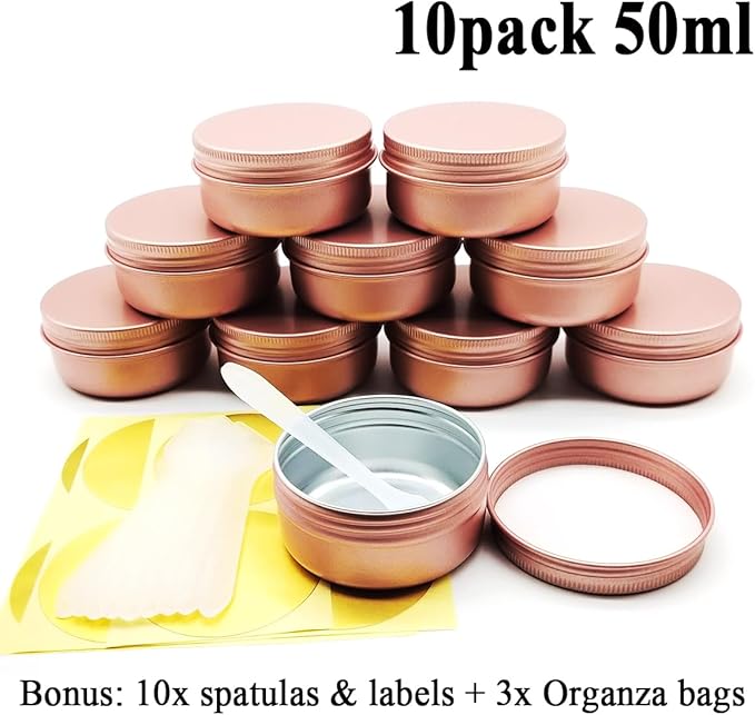 10pack 50ml Aluminum Tin, 50 Gram Travel Size Container Leak Proof Cosmetic Jars, 50g Small Makeup Round Screw Lids Cans for Cosmetic, Salves, Lip Balms, Toner, Cream, Candle, Tea, Wax, Pink