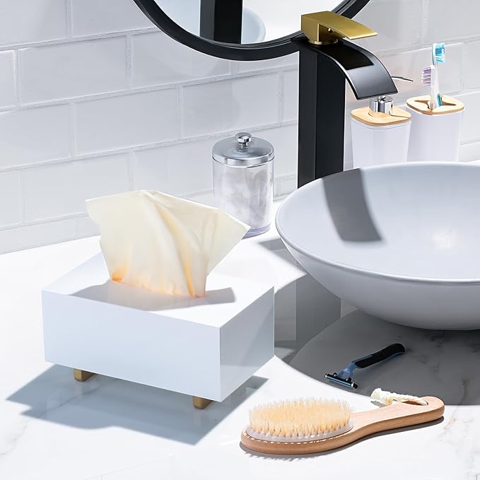 YoBa Thick Acrylic Tissue Box Holder Rectangular White Tissue Box Dispenser with Gold Plated Aluminum Legs for Bathroom, Kitchen, Bedroom, Office, Hotel and Restaurant