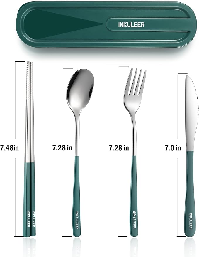 Travel cutlery set, 18/8 stainless steel cutlery, Reusable utensils set with case, Portable Silverware Lunch Box for Camping and Office (Green/knife set)