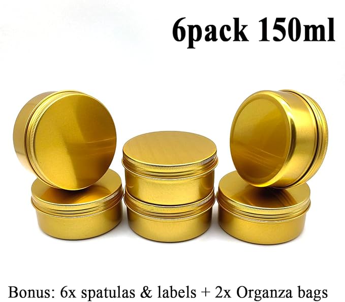 6pcs 150ml Aluminum Tin Jars with Screw Cap Lids, 5oz Empty Makeup Lip Balm Containers Round Travel Jars Cosmetics Pots, Gold Metal Cans for Slime Salve Cream Candle Powder Tea Beads Paints
