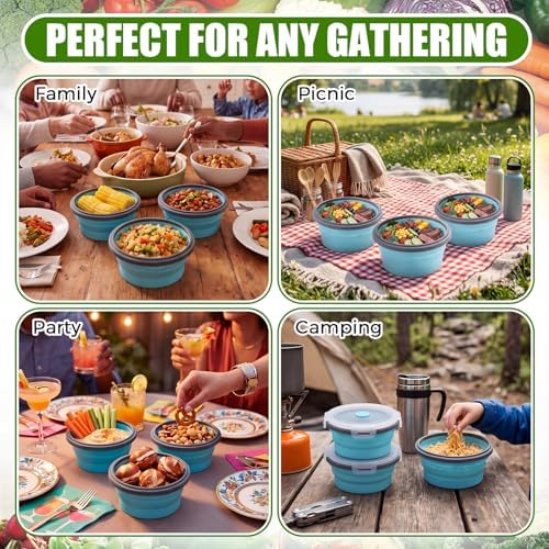 Domensi 12 Pcs Collapsible Bowls with Lids Silicone Camping Food Storage Container Foldable Expandable Folding Salad Lunch Box Leakproof Travel Container for Back to School Hiking Camping, Blue - Image 6