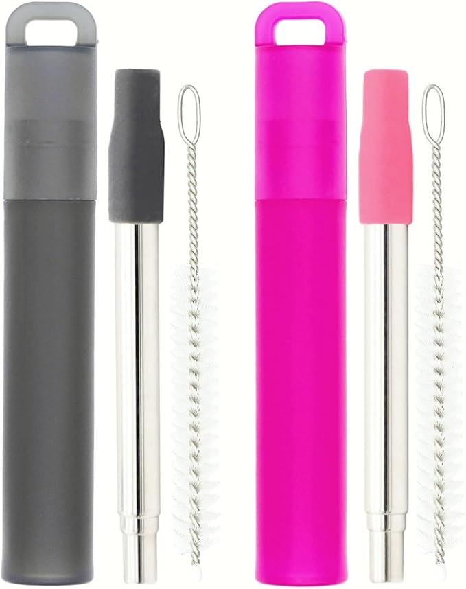 NAIVELY-Metal Reusable Straws, 2 Pack Collapsible Portable Stainless Steel Straws, with Plastic Housing Silicone Tips and Cleaning Brush, Retractable Portable Pocket Drinking Straws