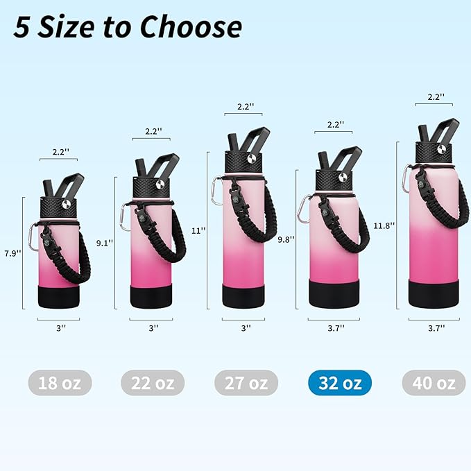 BJPKPK 32oz Insulated Water Bottles with 3 Lids, Paracord Handle & Non-slip Boot, Stainless Steel Metal Water Bottle,Reusable BPA Free Thermal Flasks, Tumblers, Cherry