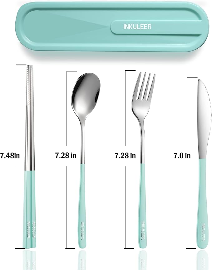 Travel cutlery set, 18/8 stainless steel cutlery, Reusable utensils set with case, Portable Silverware Lunch Box for Camping and Office (Bule)