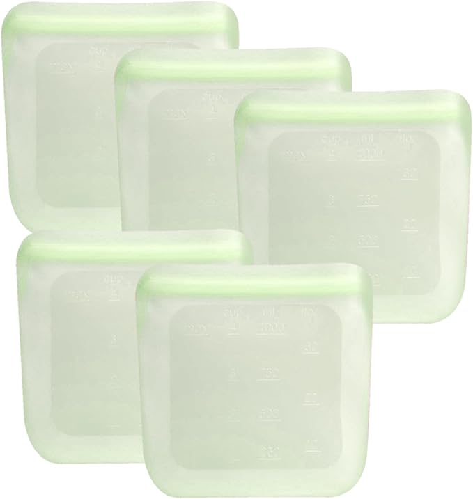 purifyou Set of 5 Reusable Silicone Storage Snack Bags 6oz / 16oz / 32oz / 64oz Self-Seal Food Storage Container for Fruits, Vegetables, Sandwiches, Dishwasher Safe & Leak-free (LimeCream, 32oz)