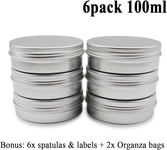 6pack 100ml Aluminum Tin Jars, 100 Gram Empty Travel Cosmetic Sample Containers with Screw Cap Lid, 100g Metal Tins Can Storage Travel Jars for DIY Crafts, Lip Balms, Face Cream, Candle, Tea