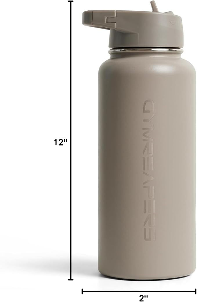 Gymreapers Insulated Water Bottle - Stainless Steel 32 Oz, 3 lids (Straw, Chug, Canteen), Double Walled Vacuum Insulation, Thermo Mug Cold Hot - Durable Powder Coated Finish