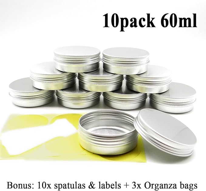 10pcs 60ml Round Lip Balm Tin Cans, 60 Gram Aluminum Tins Cosmetic Sample Containers with Screw Lid, 60g Metal Empty Tins Storage Travel Jars for Salves, Lip Balms, Face Cream, Candle, Tea