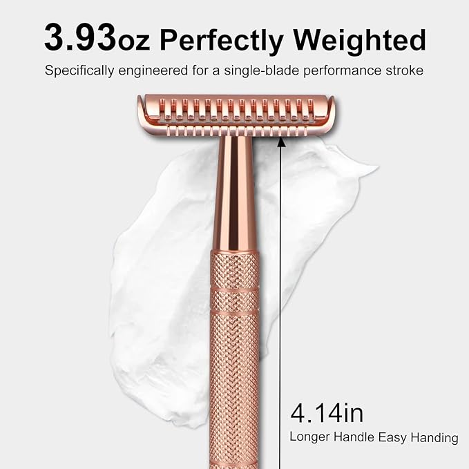 Double Edge Safety Razor with 10 Blades and Stand, Single Blade Razors for Men and Women, Long and Heavy Duty Stainless Steel Handle, Smooth Close Gentle Shave, Rose Gold