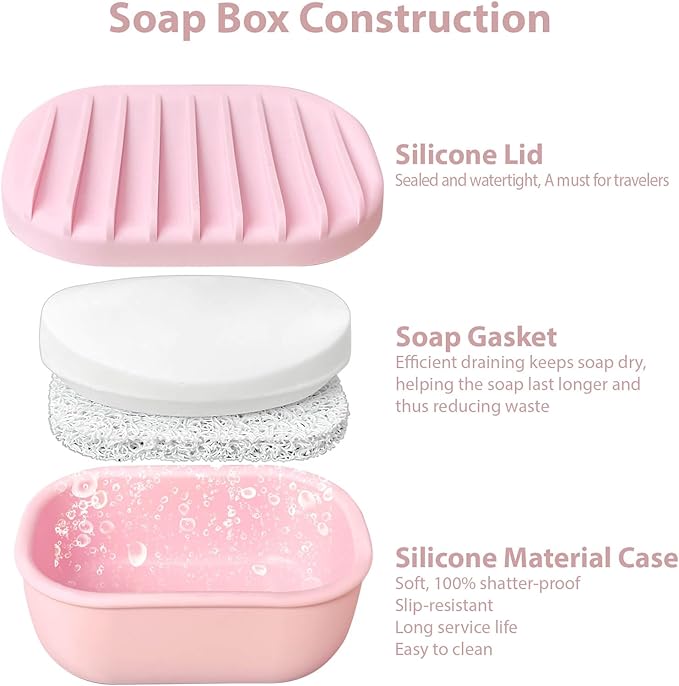 Leakproof Silicone Travel Soap Case with Drainage Layer, Silicone Bar Soap Holder Compact Portable Shatterproof Soap Container Box for Bathroom Gym Camp Travel Toiletries (Pink, Drainage Lid)