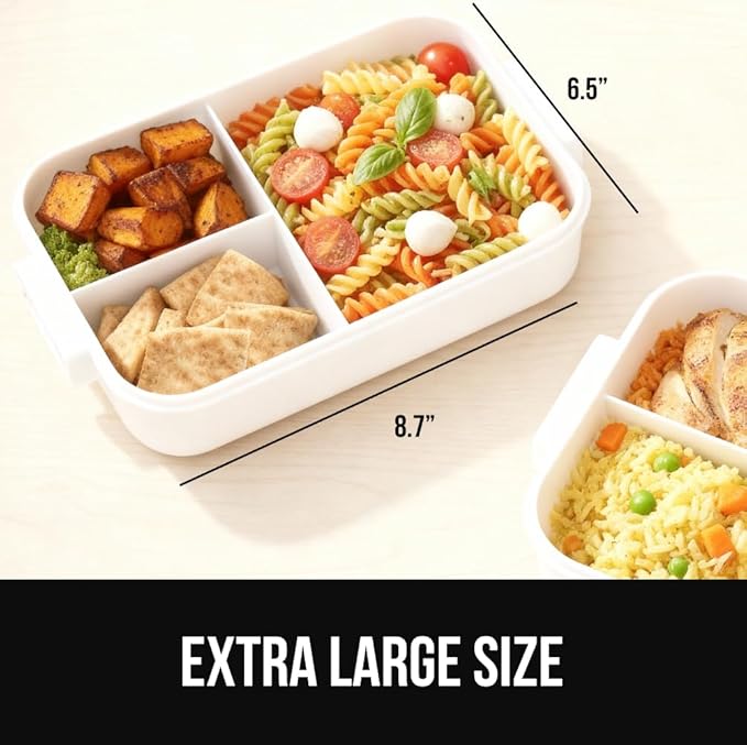 GORILLA GRIP BPA-Free Leakproof 5-Compartment Bento Lunch Box for Adults, Kids, Holds 10 Cups, Microwave Safe Hot and Cold Food Containers, Easy to Carry Lid Includes Built-In Utensils Set, White