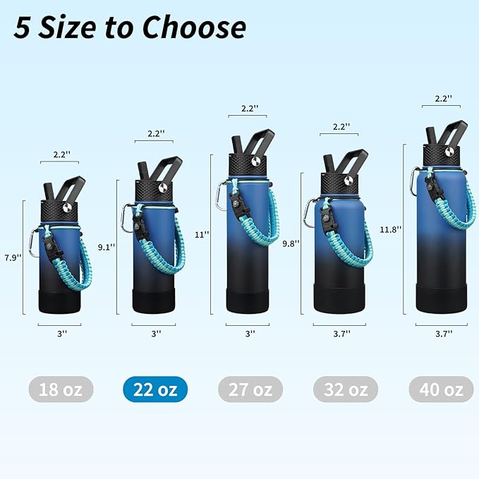 BJPKPK Insulated Water Bottle with Straw Lid, 22oz Thermal Flasks Water Bottles with 3 Lids, Paracord Handle & Non-slip Boot, BPA Free Leak Proof Stainless Steel Tumblers,Blue Black