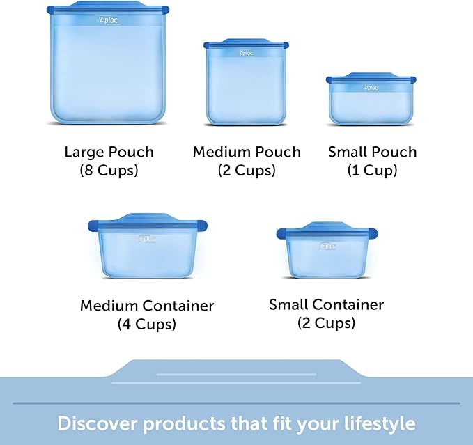 Ziploc Endurables Small, Medium, and Large Pouch, Reusable Silicone Bags and Food Storage Meal Prep Containers for Freezer, Oven, and Microwave, Dishwasher Safe