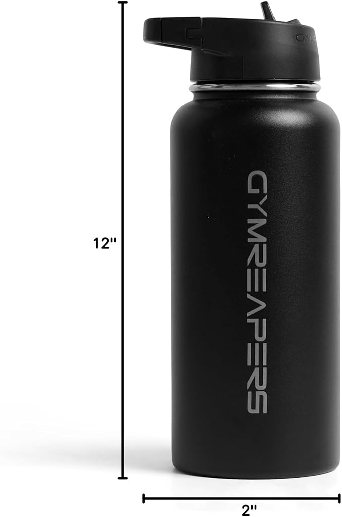 Gymreapers Insulated Water Bottle - Stainless Steel 32 Oz, 3 lids (Straw, Chug, Canteen), Double Walled Vacuum Insulation, Thermo Mug Cold Hot - Durable Powder Coated Finish (Black)