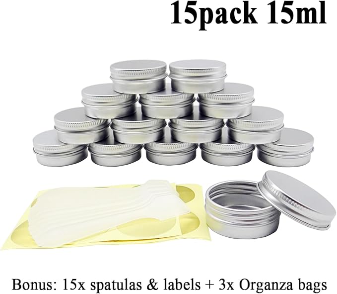15 Pack 15g Travel Size Metal Round Tins, 15ml Silver Aluminum Tin Cans Containers with Screw Lid for Makeup Samples, Nails, Lip Gloss Balm, Salve, Spices, Candy, Candle, Tea, FREE Spatulas