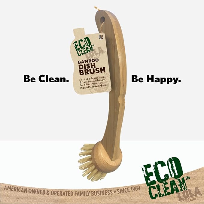 LOLA Eco Clean Bamboo Dish Brush, 6 Pack, Multi Purpose, Sustainable Ergonomic Renewable Bamboo Handle, Fibers are Recycled Soda/Water Bottles