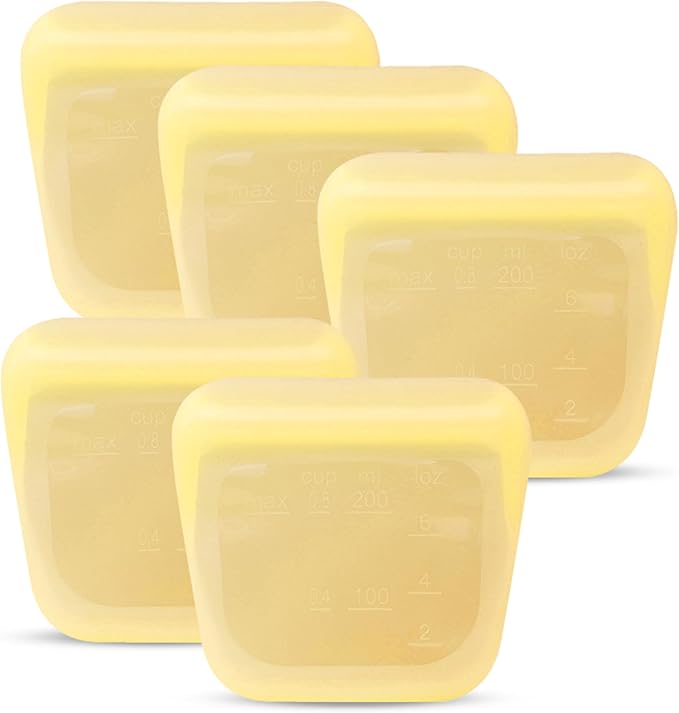 purifyou Set of 5 Reusable Silicone Storage Snack Bags 6oz / 16oz / 32oz / 64oz Self-Seal Food Storage Container for Fruits, Vegetables, Sandwiches, Dishwasher Safe & Leak-free (PastelYellow, 6oz)