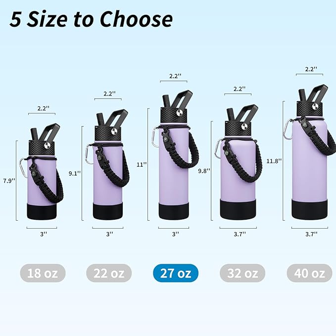 BJPKPK 27oz Insulated Water Bottles with 3 Lids, Paracord Handle & Non-slip Boot, Stainless Steel Metal Water Bottle with Straw, BPA Free Thermal Flasks, Tumblers,Lavender