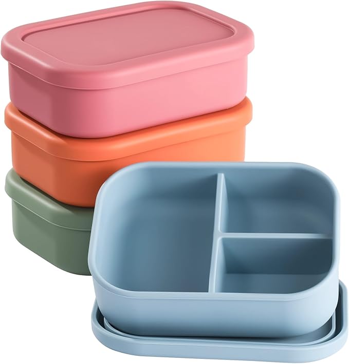 OMISTAR 4 PCS Silicone Bento Box 3 Compartment Reusable Bento, Silicone Lunch Container for Adults Work Travel Food Meal Compartment Storage, Microwave Dishwasher Freezer Safe (A)