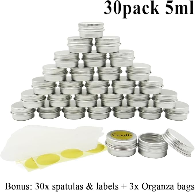 30 pack 5ml Round Lip Balm Tin Cans, 5g Aluminum Makeup Sample Containers with Screw Lid, Empty Silver Metal Tins Pot Storage Travel Tin Jars for Cosmetic, Cream, Candle, Tea, 5 Gram Tins