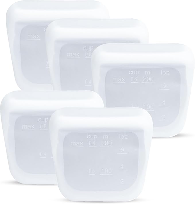 purifyou Set of 5 Reusable Silicone Storage Snack Bags 6oz / 16oz / 32oz / 64oz Self-Seal Food Storage Container for Fruits, Vegetables, Sandwiches, Dishwasher Safe & Leak-free (White, 6oz)