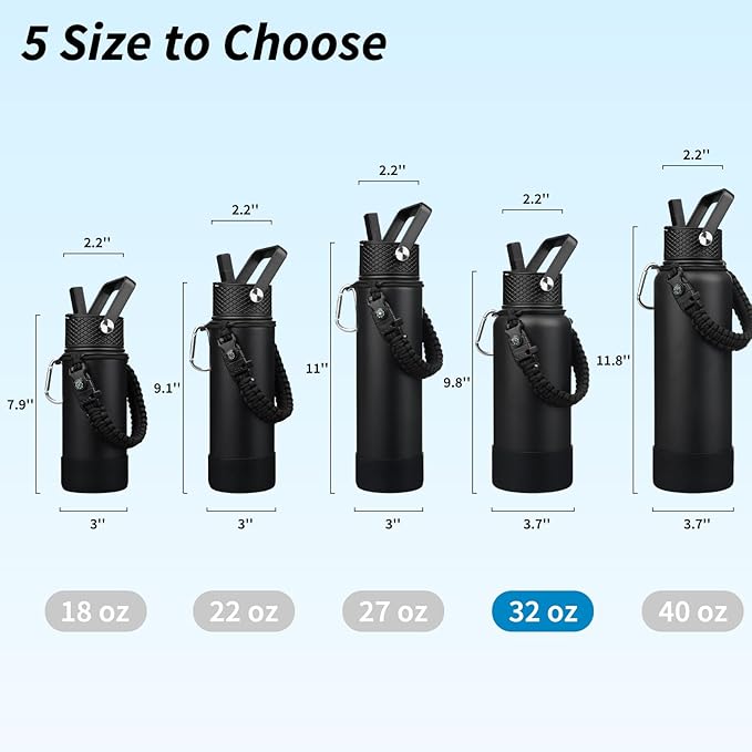 BJPKPK 32oz Insulated Water Bottles with 3 Lids, Paracord Handle & Non-slip Boot, Stainless Steel Metal Water Bottle,Reusable BPA Free Thermal Flasks, Tumblers, Black