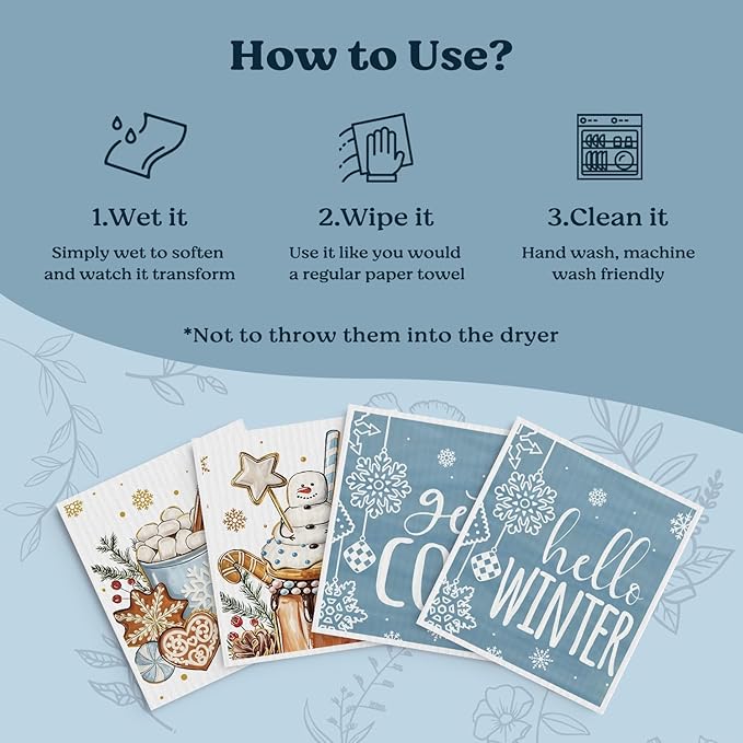 Christmas Swedish Dishcloths for Kitchen, Winter Xmas Snowman Blue Kitchen Dish Towels for Washing Dishes, 4 Pack Reusable Paper Towels, Sponge Cloths for Home Party Housewarming Cleaning