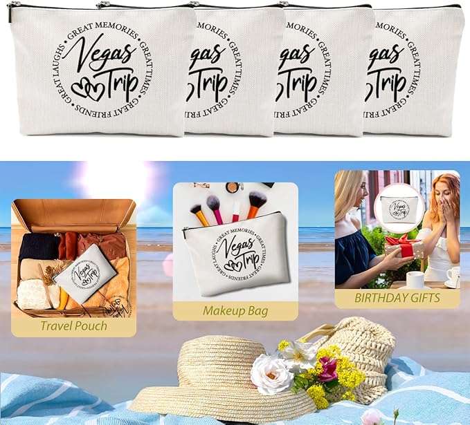 4 PCs Girls Trip Gifts Favors, Girls Weekend Gifts Makeup Bag, Vegas Gifts Weekend Bag Summer Vacation Cosmetic Bag, Friendship Gifts for Women Best Friend, Christmas Trip Gifts Goodie Bag