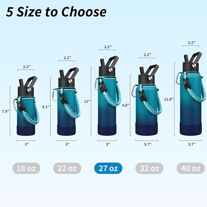 BJPKPK 27oz Insulated Water Bottles with 3 Lids, Paracord Handle & Non-slip Boot, Stainless Steel Metal Water Bottle with Straw, BPA Free Leak Proof Thermal Flasks, Tumblers,Vast