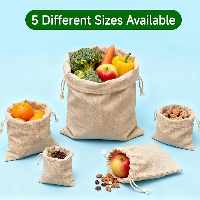 Simple&Opulence 12-Pack 5” x 7” Linen Cotton Drawstring Bags Reusable Grocery Sacks, DIY Craft Sachet Sacks Storage Cloth Bags for Party Wedding Home Bulk Produce Bags, Washable, Natual Linen