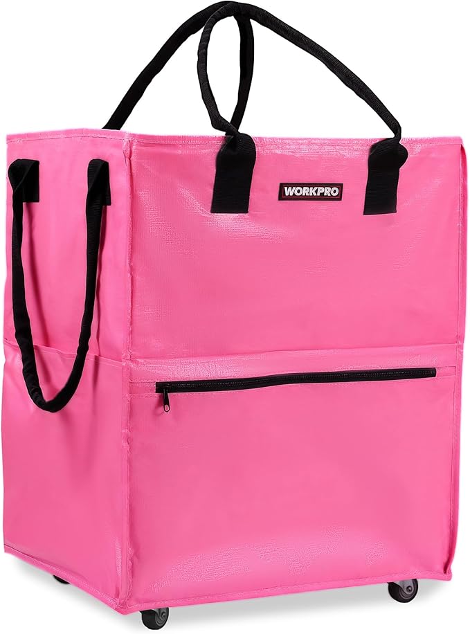 WORKPRO Large Reusable Grocery Bag on Wheels, Heavy Duty Rolling Shopping Tote with Handle, Folding Trolley on 5 Caster Wheels for Groceries, Laundry, Camping, Moving