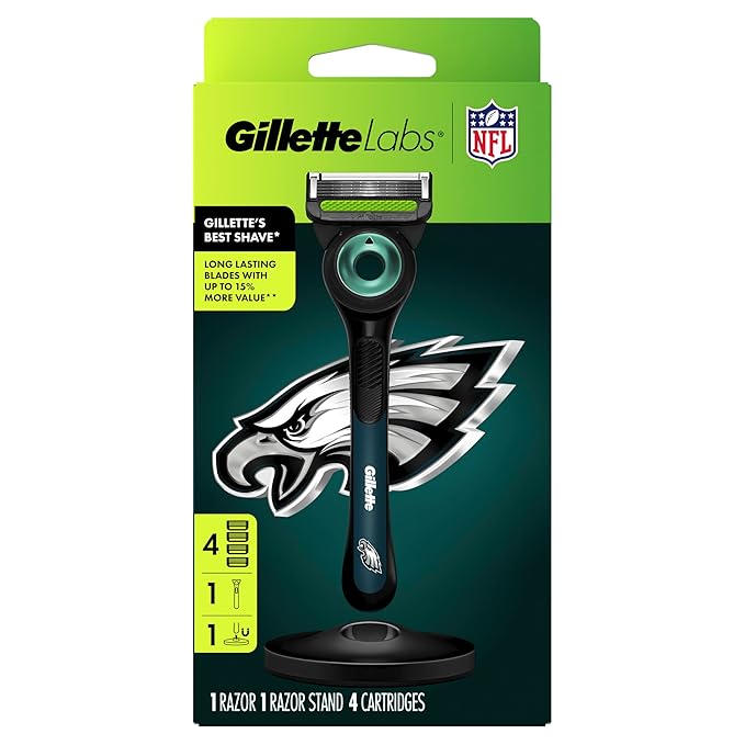 Gillette Labs Special NFL Eagles Edition Shaving Razor for Men - 1 Handle, 4 Razor Blade Refills & Magnetic Stand, Holiday Gifts for Men, GilletteLabs with Exfoliating Bar