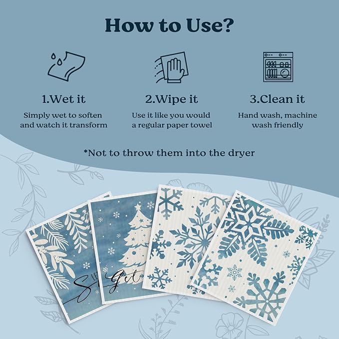 Christmas Swedish Dishcloths for Kitchen, Winter Snowflake Xmas Blue Kitchen Dish Towels for Washing Dishes, 4 Pack Reusable Paper Towels, Sponge Cloths for Home Party Housewarming Cleaning