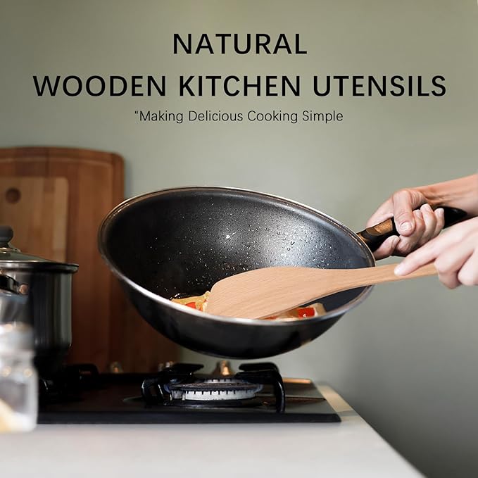 2PCS Wooden Spatulas for Cooking, 13inch Uncoated Beech Wood Turners for Frying, Non-Scratch Wood Flat Spurtle for Pan & Wok, Wooden Cooking Utensils for Non Stick Cookware, Long Handle Scraper