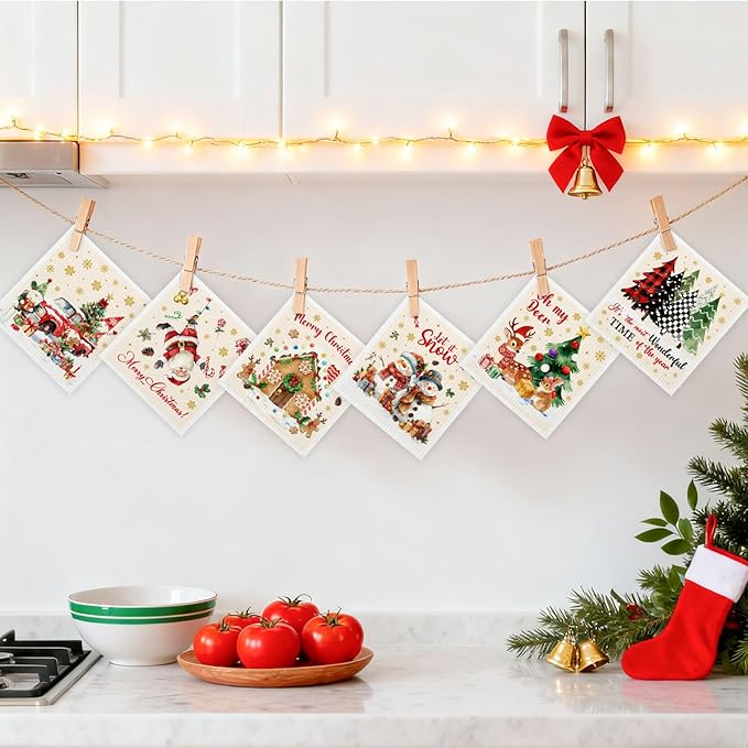 Mixed Christmas Swedish Kitchen Dishcloths Dish Towels 6 Pack, Christmas Dish Towels for Kitchen, Swedish Dishcloth with Santa, Paper Towels Reusable, Dish Cloth Towel Cleaning Wipe for Holiday Party