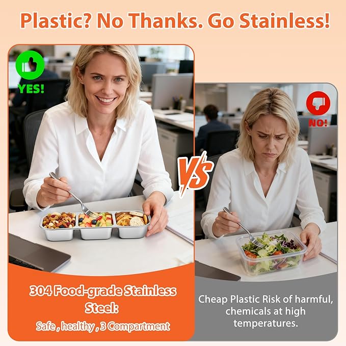 Stainless Steel Snack Box Container - 2 Pack Bento Box for Kids & Adults, 3 Compartment Leak-Proof Snack Containers with Lids(3Org+3Org)