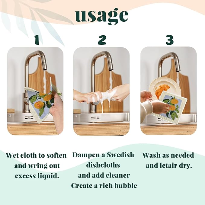 Swedish Dishcloths for Kitchen, Papaya Reusable Paper Towels Washable, Oranges Peach Lemon Colorful Swedish DishCloths for Friut, 4 Pack Dish Towels for Kitchen