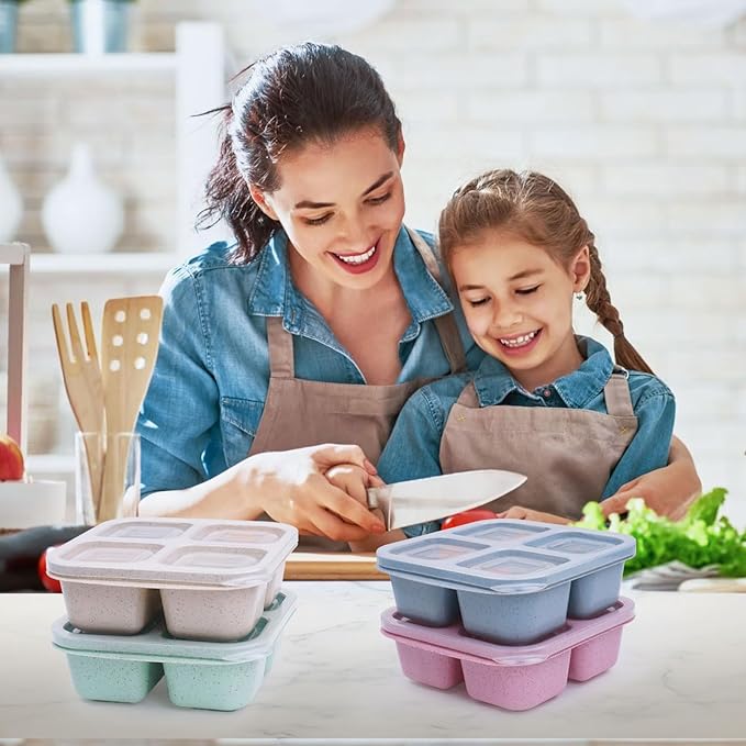 4 Pack Snack Containers, 4 Compartments Snackle Box Container, Meal Prep Reusable Lunchable Container, Microwave Dishwasher Safe, Food Storage Containers for Work Travel (Pink)