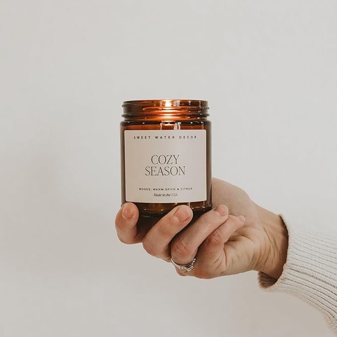 Sweet Water Decor Cozy Season Soy Candles - Fall Candles with Woods, Warm Spice, and Citrus Scent for Home Decor - Soy Candle with 40 Hours Burn Time - 9Oz Black Lid Amber Jar Candles Fall Scents