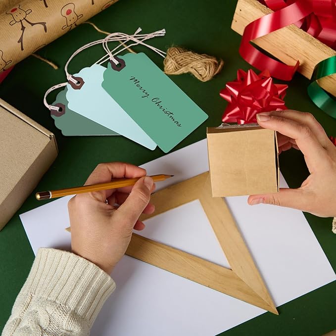 Outus 60 Pcs 4 3/4-in x 2 3/8-in Blank Large Paper Gift Tags with String and Reinforced Eyelet Wire Writable Price Tags Shipping Labels Inventory Labels(Gradient Green)