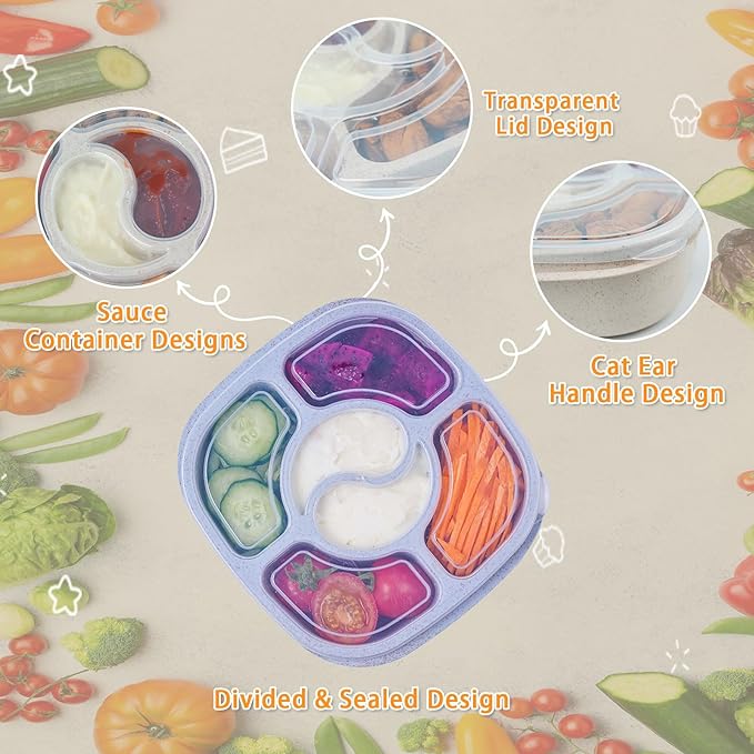 4 Pack Snack Containers, 6 Compartments Bento Snack Boxes, Reusable Meal Prep Lunch Containers BPA-Free, Divided Food Storage Containers for Work Travel
