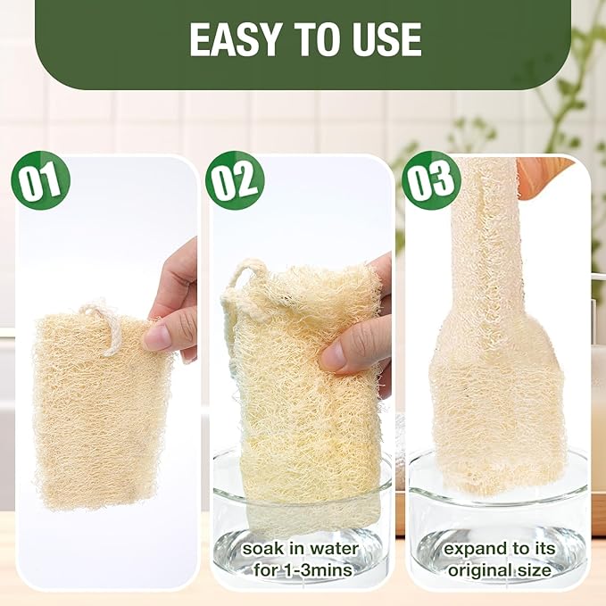 Natural Loofah Sponge for Shower & Dish Cleaning - 100% Plant-Based, Biodegradable Exfoliating Body & Kitchen Scrubber for Women/Men, 3-Pack, Travel-Friendly