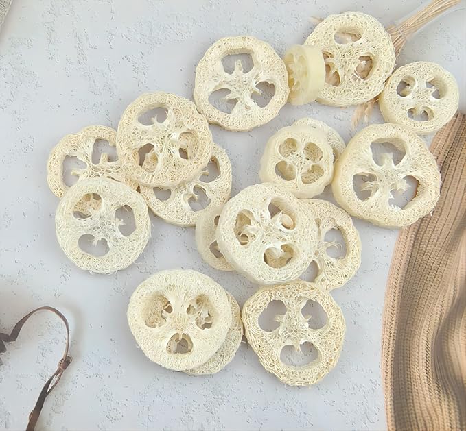 50Pcs Natural Loofah Cuts Slice of 3.15inch, Reusable Cleaner Sponge Scrubber, Facial Soap Holder and DIY Customize Soap Tools, with 3Pcs Exfoliating Loofah Pad and 1 Storage Bag