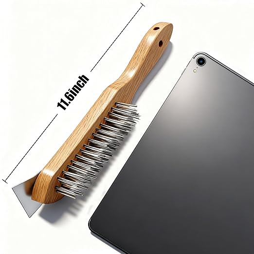 MAXMAN Stainless Steel Wire Scratch Brush, 12 Inch Wooden Handle Wire Brush with Metal Scraper, Heavy Duty Wire Brushes for Cleaning Rust, Paint Scrubbing, Dust and Other Hard Surfaces 2 Pieces