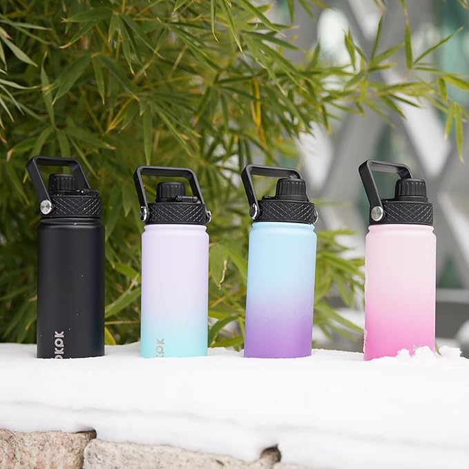 BJPKPK 2 Pack Insulated Water Bottles with Straw Lids, 22oz Stainless Steel Metal Water Bottle with 6 Lids, Leak Proof BPA Free Jugs, Cups, Flasks for Travel, Sports (Army Green+Mint)