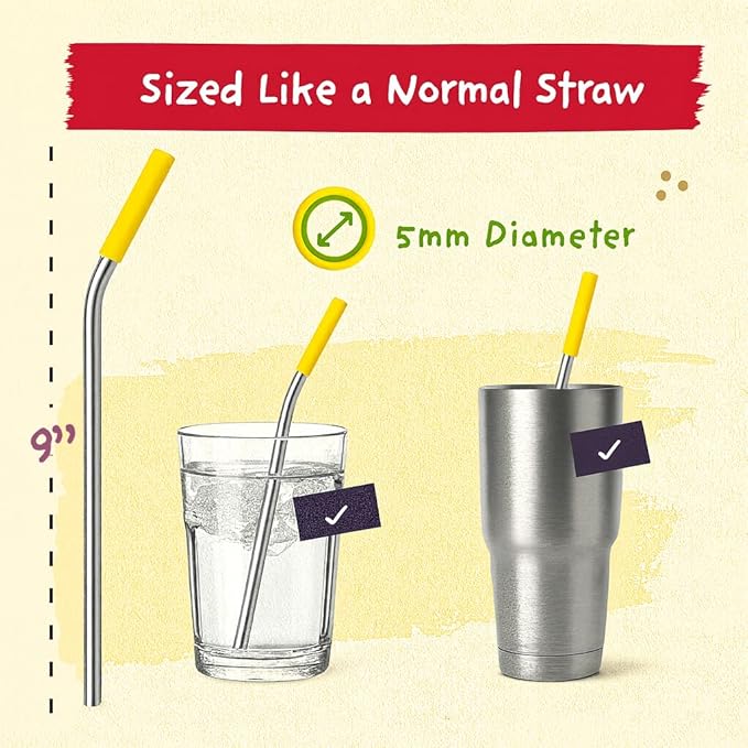 Premium Reusable Stainless Steel Drinking Straws With Silicone Tips + Patented Straw Cleaners and Carrying Case - 9” Long Metal With Curved Bend for 20/30/32oz Tumblers