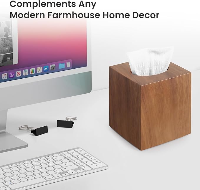 Tissue Box Holder, Tissue Box Cover Square Facial Tissue Holder Storage for Bathroom Vanity, Countertops, Dressers, Night Stand and Offices, Modern Farmhouse Decor, Wood Grain