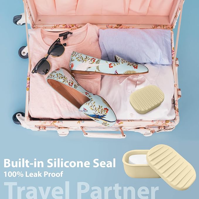 Leakproof Silicone Travel Soap Case with Drainage Layer, Silicone Bar Soap Holder Compact Portable Shatterproof Soap Container Box for Bathroom Gym Camp Travel Toiletries (Sand, Drainage Lid)