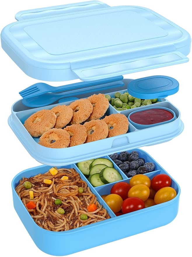 Caperci Bento Box for Kids - Stackable Leakproof Multiple Compartments 5.8 Cups Bento Lunch Box for Adults with Sauce Container - Idea for School, On-the-go, Built-in Utensil Set, BPA Free (Blue)